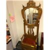Image 4 : Oak Entry Chair and Coat Rack with Mirror and hinged seat and cushion - approx. 29in x 17in x 82in