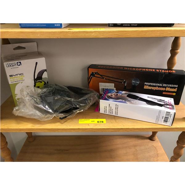 Misc. Lot of Karaoke Microphone, Recording Microphone Stand, Sync Radio Earmuff and Headset