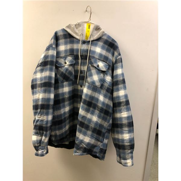 Men's Wrangler Quilted Jacket with Hood - XL (Blue Plaid with grey hood)