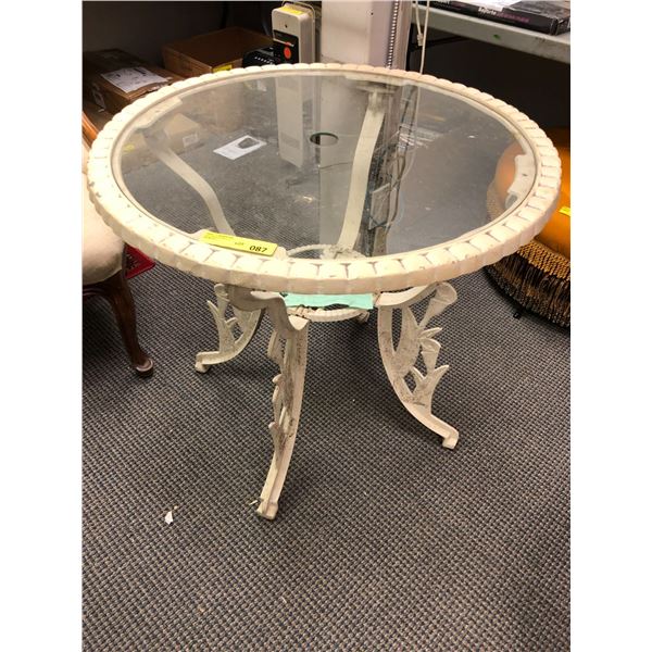 Beige Glass and Metal Outdoor table - approx. 31in wide x 29 1/2in tall