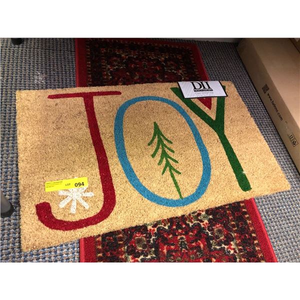 Two Carpets - one doormat (natural coir fibres)  "JOY", the other is a red toned hallway runner 20in