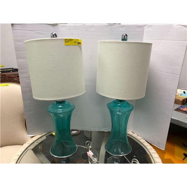 Set of Two Turquoise Glass Lamps with Lampshades - approx. 26in tall