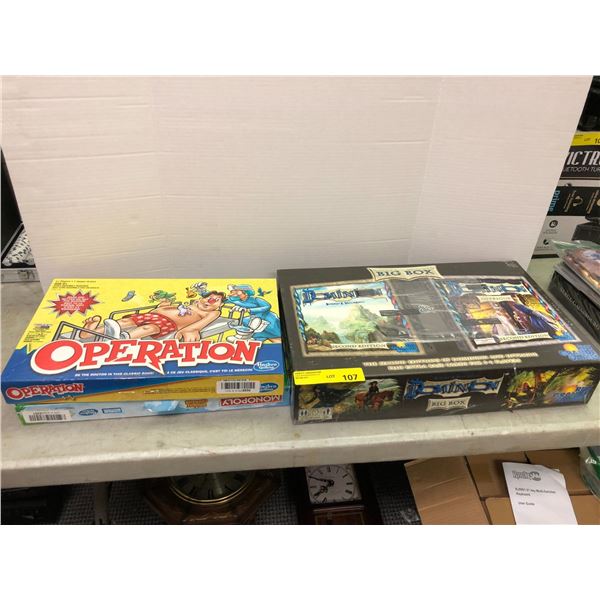 Group of Games including Dominion & Intrigue, Operation & Monopoly Animal Crossing