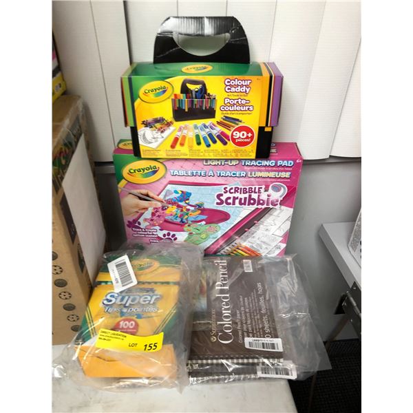 Lot of Crayola Artist Items - 100 Super Tip Markers, Sketching Pads, Light Up Tracing Pad and Colour