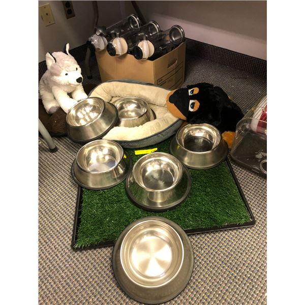 Dog Collection - large stainless food bowls, Fake grass pee mat, two dog beds, two stuffed dogs and