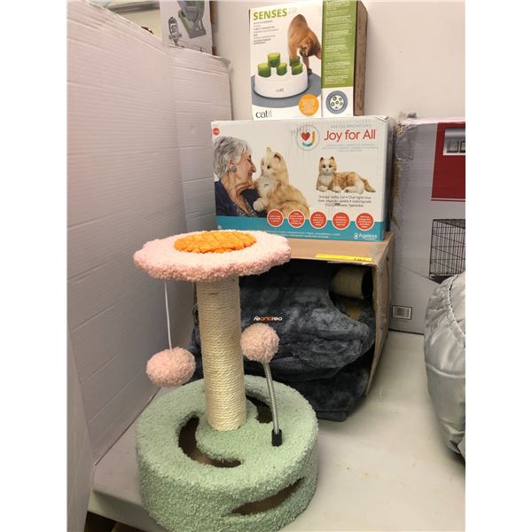 Group of Cat Care Items - Digger Toy, Orange Toy Tabby Cat  (moves and makes sounds), scratching pos