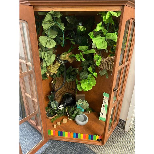 Corner Wood Pet Terrarium with Hanging Lamp and Inside Greenery & Décor Items - approx. 32in x 25 1/