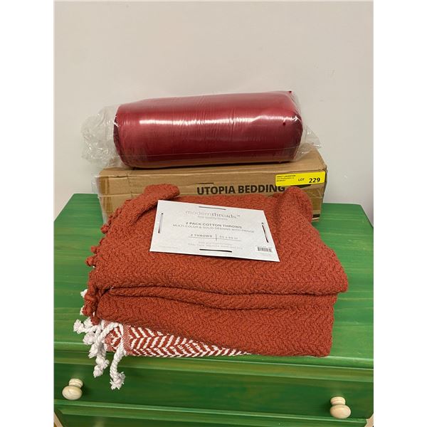 Utolipa Bedding - Burgundy Flannel Fleece Blanket plus two other Rust and Rust & White Blankets