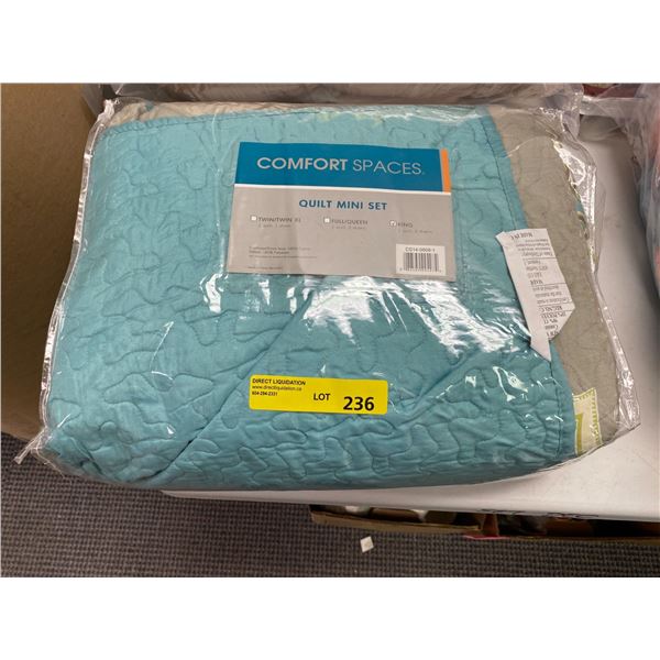Comform Spaces - King Quilt Set Mini Set - Comforter & Shame - Turquoise & Beige Design