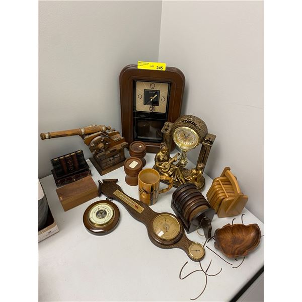 Collection of Wood Vintage Collectibles - Buloa Clock, Cannon, Coasters, Candle Holders & Thermomete