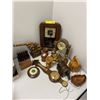 Image 1 : Collection of Wood Vintage Collectibles - Buloa Clock, Cannon, Coasters, Candle Holders & Thermomete