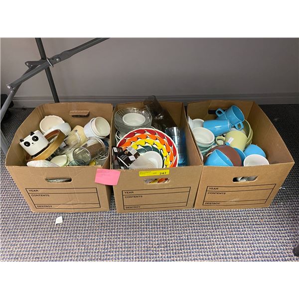 Three boxes of kitchen items - bowls, cups, glasses, and misc. collectibles