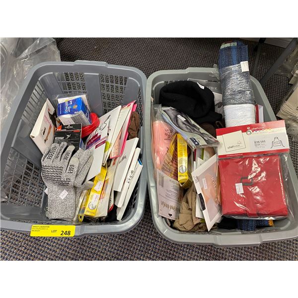 Two Bins of Misc. Items - Nylons, gloves, Chef's Apron