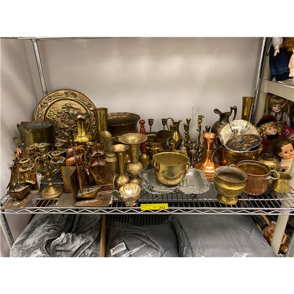 Shelf Lot of Misc. Brass, Copper and other Metals - Collectibles - Candlesticks, Jugs, Pots, Plates,