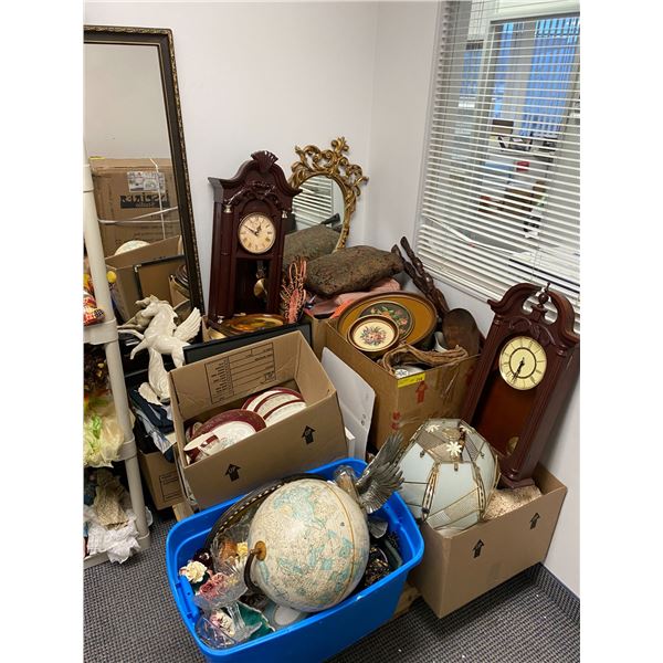 Corner Lot of Misc. Collectibles - Clocks, Mirrors, Globe, China, Needlepoint, Crocket, etc.