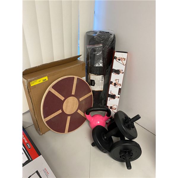 Misc. Group of Fitness Equipment - Balance Board, Kettle, Barbells, Yoga Mat & Bionic Bar
