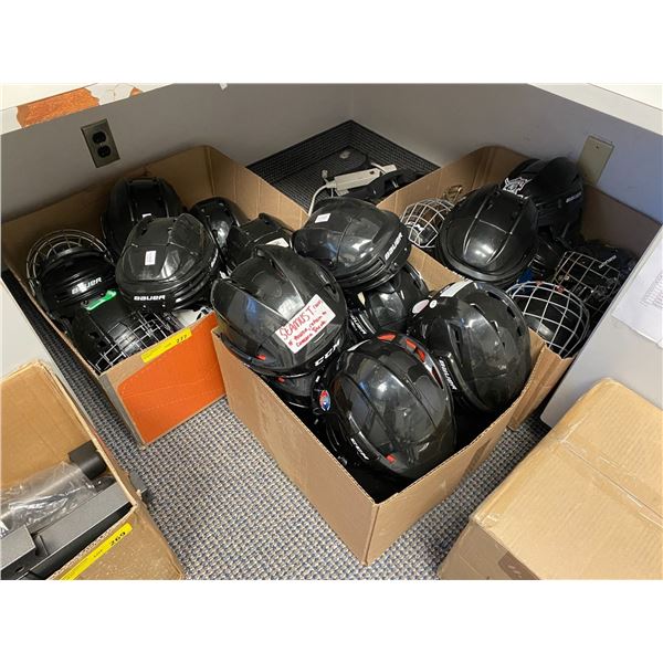 Three Boxes of Helmets - from the Hockey Show - mostly Bauer and CCM - some with masks