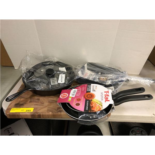 Large Wood Cutting Block (19 1/2in x 14in)  with Tfal, Starfrit iRock & Cast Iron  Fry pans