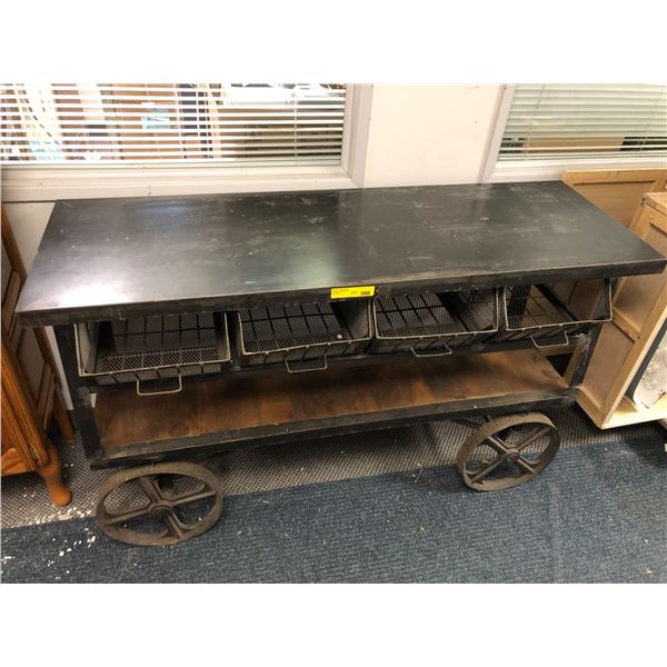Large Steel and Wood Vintage - Table with Wheels & Pull Out Bins plus Shelf - approx. 60in x 20in x