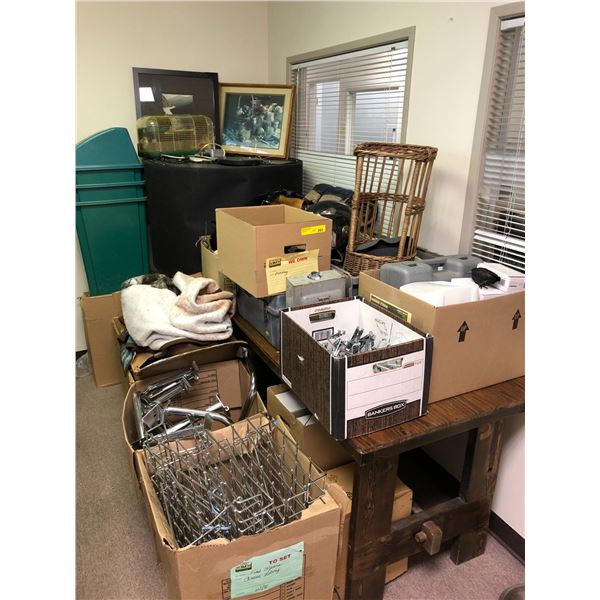 Group Lot of Misc. Items - Including Garbage Bins, Chrome Shelving, Plumbing Items, Pictures (table