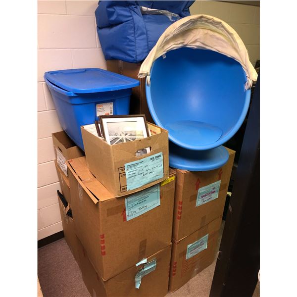 Seven Boxes with Dog Bedding, Kids Bean Bag Chair, Kids Egg Chair and picture frames.