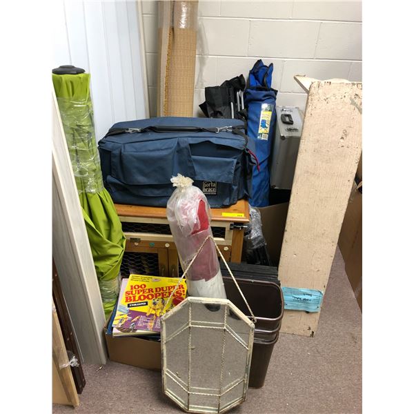 Misc. Lot of Rabbit Cage, Arm Chairs, Bench, Bulleting Boards, Metal Suitcase & Umbrella Stand
