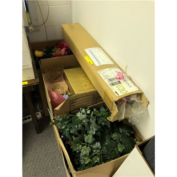 5 Boxes of Misc. Set Décor - including rolls of polywrap, artificial plants and flowers.
