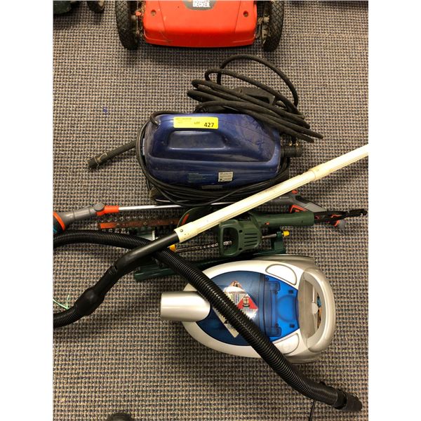 Lot of Estate Tools including pressure washer, vacuum, hedge trimmer & Sprinkler
