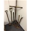 Image 1 : Group of Seven Wood Garden Tools - Including Shovels, Picks and Hoe