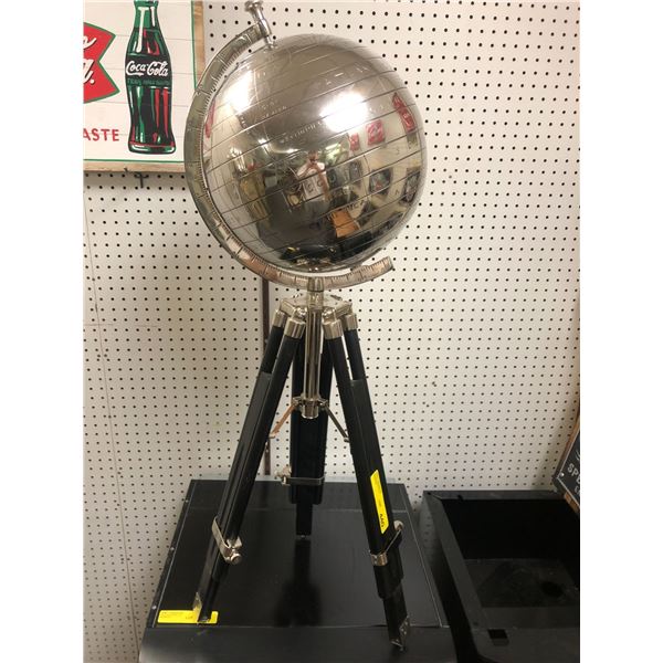 Chrome Globe on Black Tripod Stand - approx. 39in tall