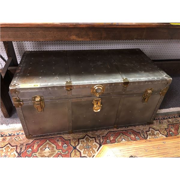 Large Metal Trunk with Leather Carrying Straps - 39in x 20in x 18in
