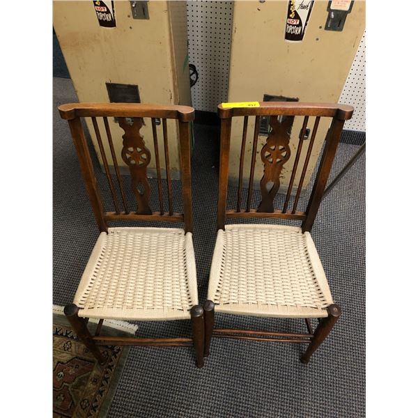 Pair of two Wood Chairs with woven jute seats