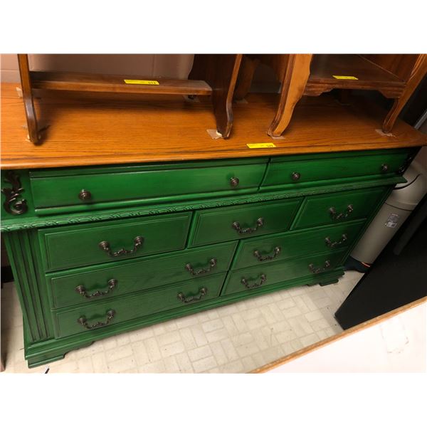 Painted Green Wood Dresser with Wood Oak Top and 9 drawers - approx. 66in x 18in x 40in