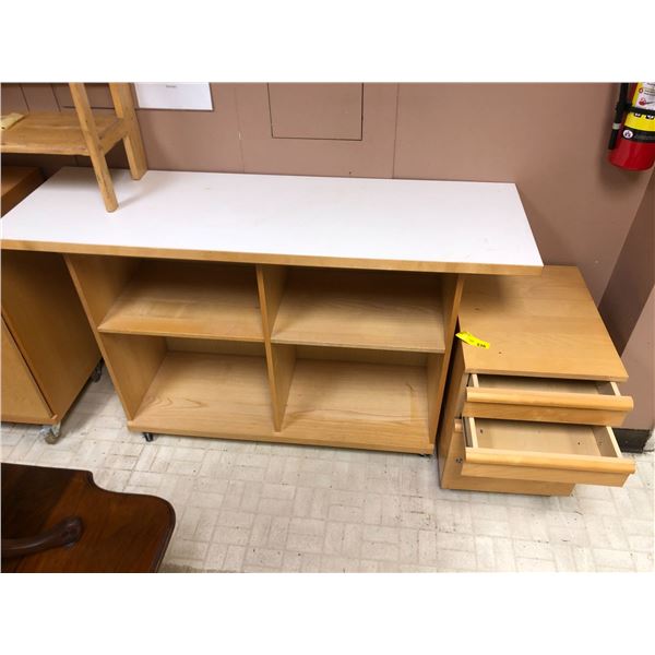 Natural Maple Shelving Unit with Table Top and Natural Maple Filing Cabinet with 2 Drawers on wheels