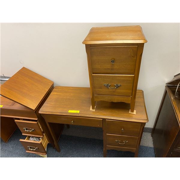 Wood Desk with three drawers and matching Bedside Table with two drawers - Desk approx. 39in x 16in