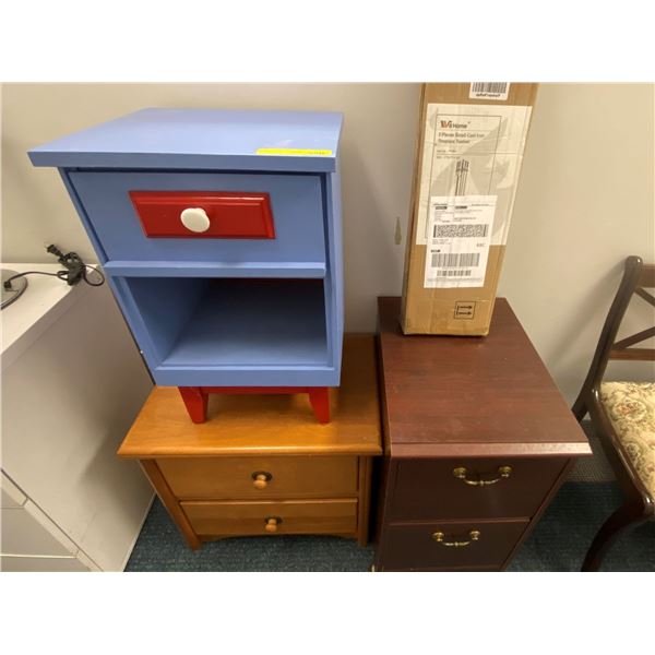 Group of 3 Bedside Tables and One 7 Piece Scroll Cast Iron Fireplace Toolset