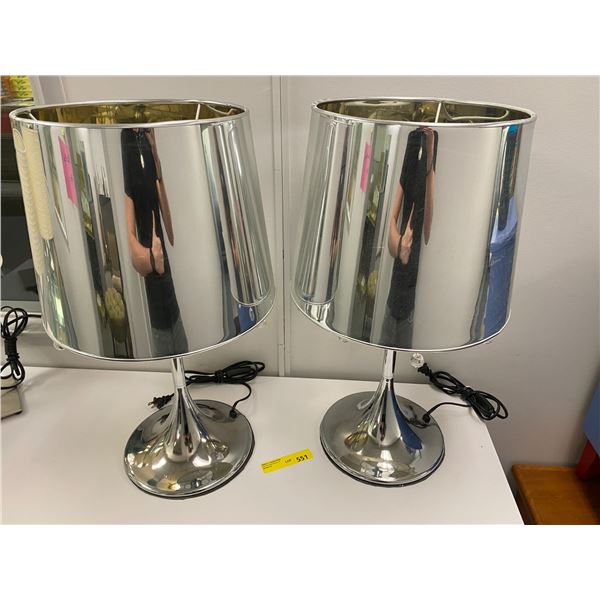 Two Chrome Table lamps with Silver Lampshades