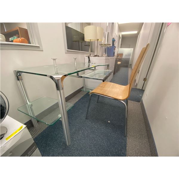 Glass & Chrome Desk with Shelf and Wood Chair - missing glass riser - approx. 47in x 27in x 28in