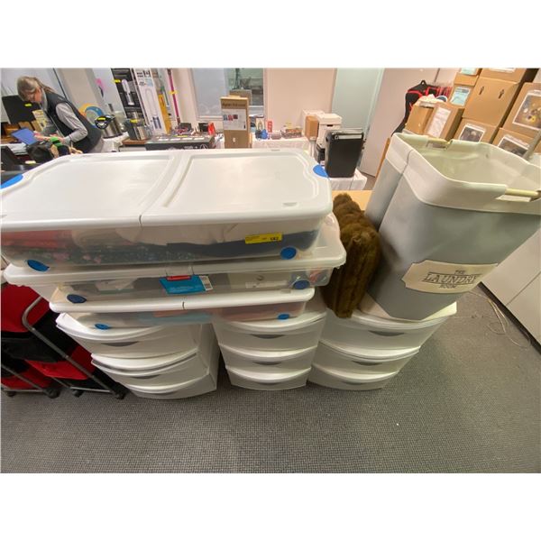 White Plastic Storage containers with some contents plus three rolling underbed boxes and laundry ha