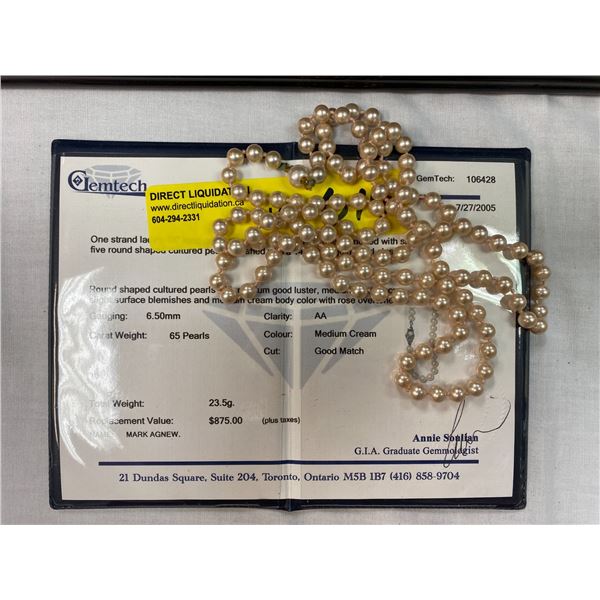 Cultured Pearl Necklace - Medium Cream - with Appraisal value of $875
