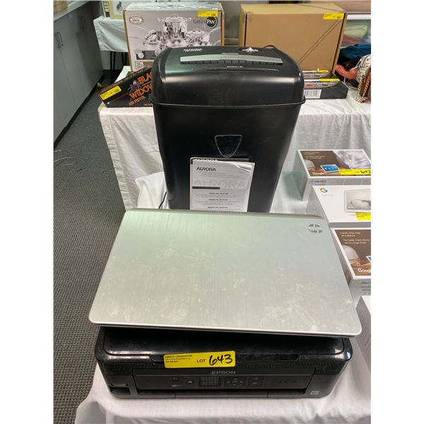 Group of Home Electronics - two Laptops HP and Toshiba, Epson Printer & Aurora Paper Shredder