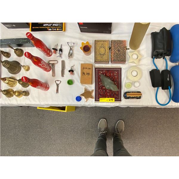 Large group of misc. household items, games, bells, exercise items & candles