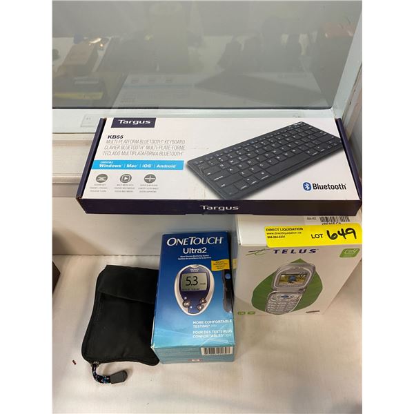 Misc. lot of Bluetooth keyboards, one touch glucose machine and old flip phone