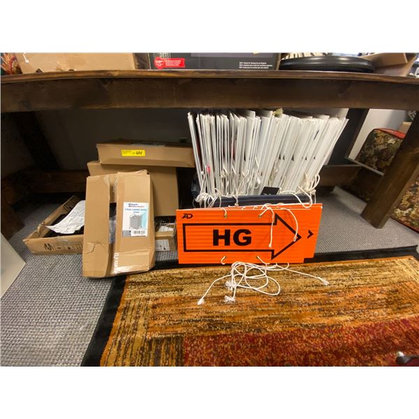 Group of Misc. Laundry Sorting Containers, Dish Drying Rack & tub of signs