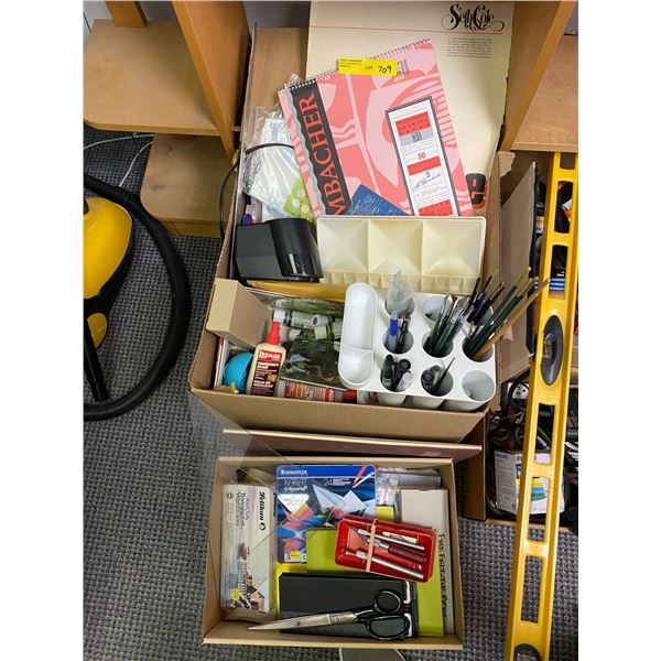 Two Boxes o Artist Items - including artist brushes, sketch pads, scissors, etc.