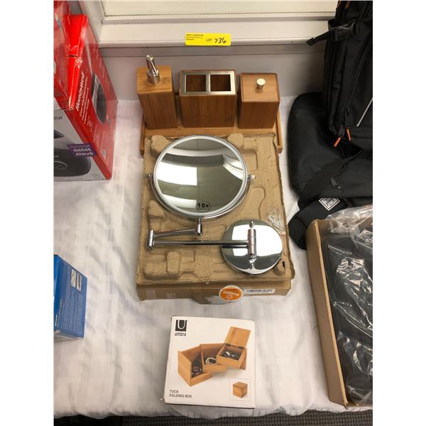 Grouping of Wood Containers, Bathroom Magnifying Mirror 10X and Wood Bathroom Accessories