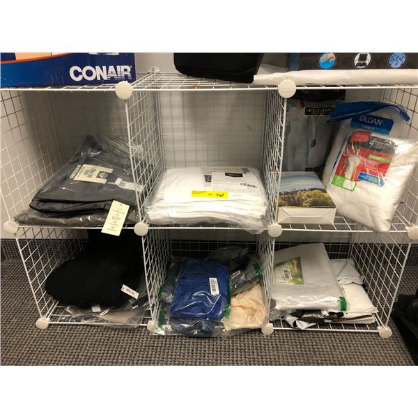 Misc. Shelf Lots of Towels, T-shirts, Dockers Signature Khakis, Amazon Essentials Fleece XL Black an