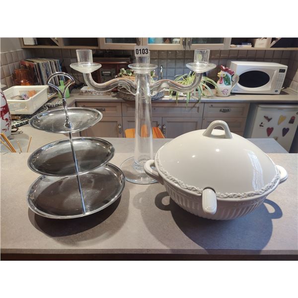 Large Soup Tureen, Dessert Tray and Glass Candelabra