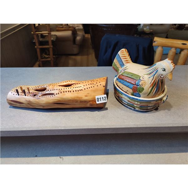 Wooden Bridge Board & Ceramic Rooster