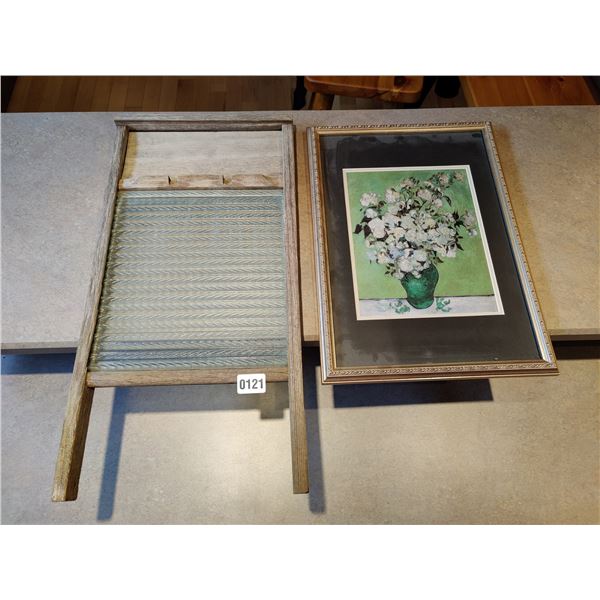 Vintage Wash Board and Flower Print in Gold Frame